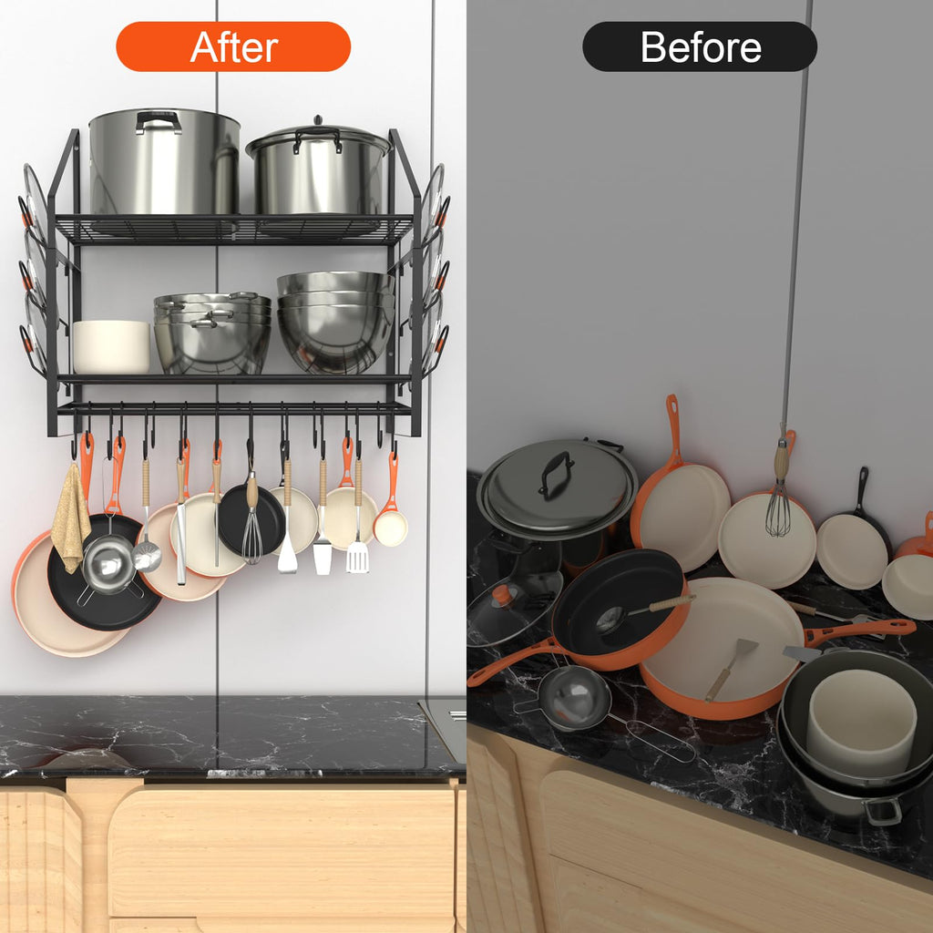 28 Inch Pot Rack Wall Mounted, 2 Tier Pots and Pans Organizer with 20 Hooks and 6 Pot Lid Holders, Heavy Duty Steel