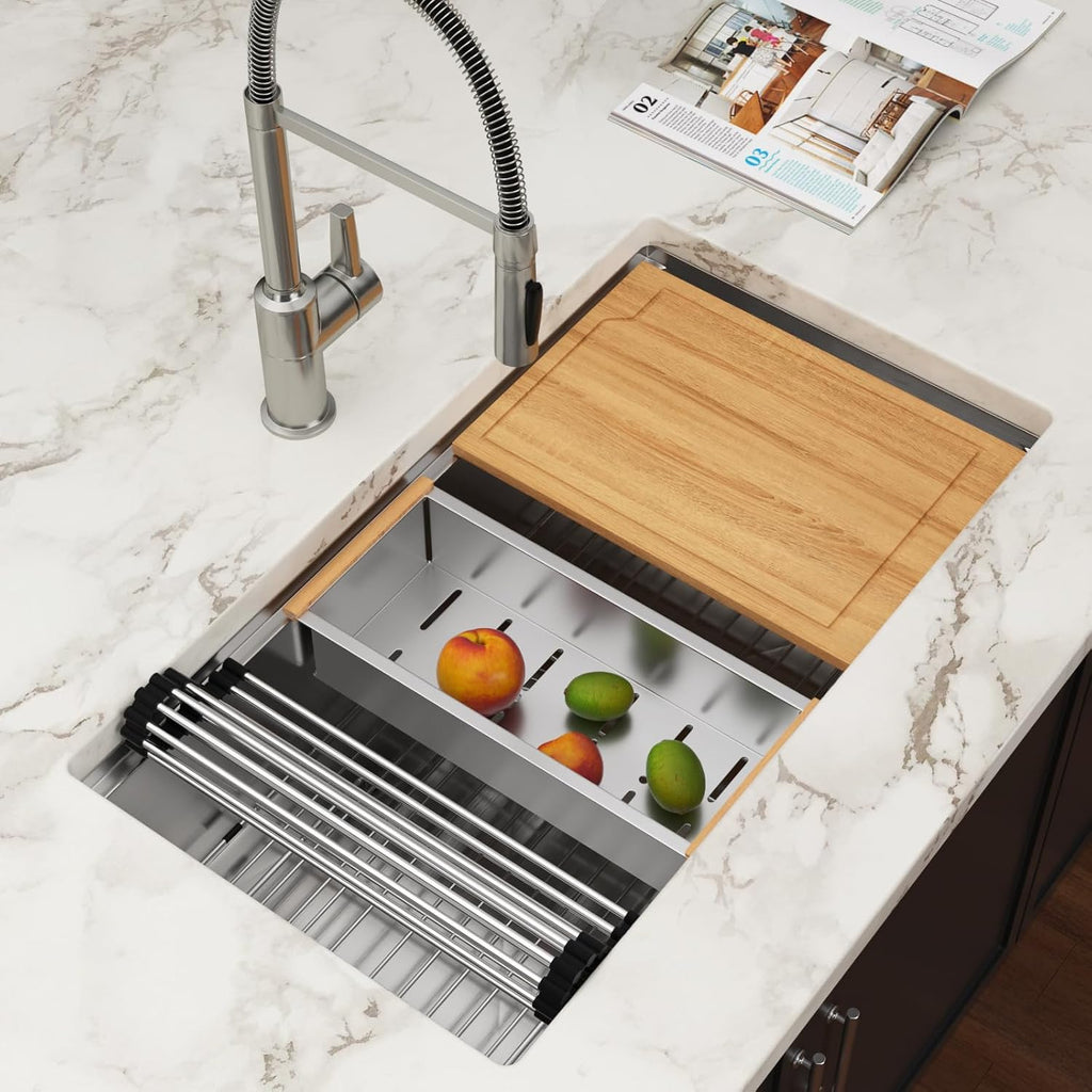 32 Inch Undermount Kitchen Sink Workstation with Accessories | 16 Gague Stainless Steel, Brushed Finish, Single Bowl