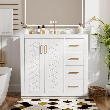 36 Inch White Bathroom Vanity with Sink & Gold Handles, Light Luxury