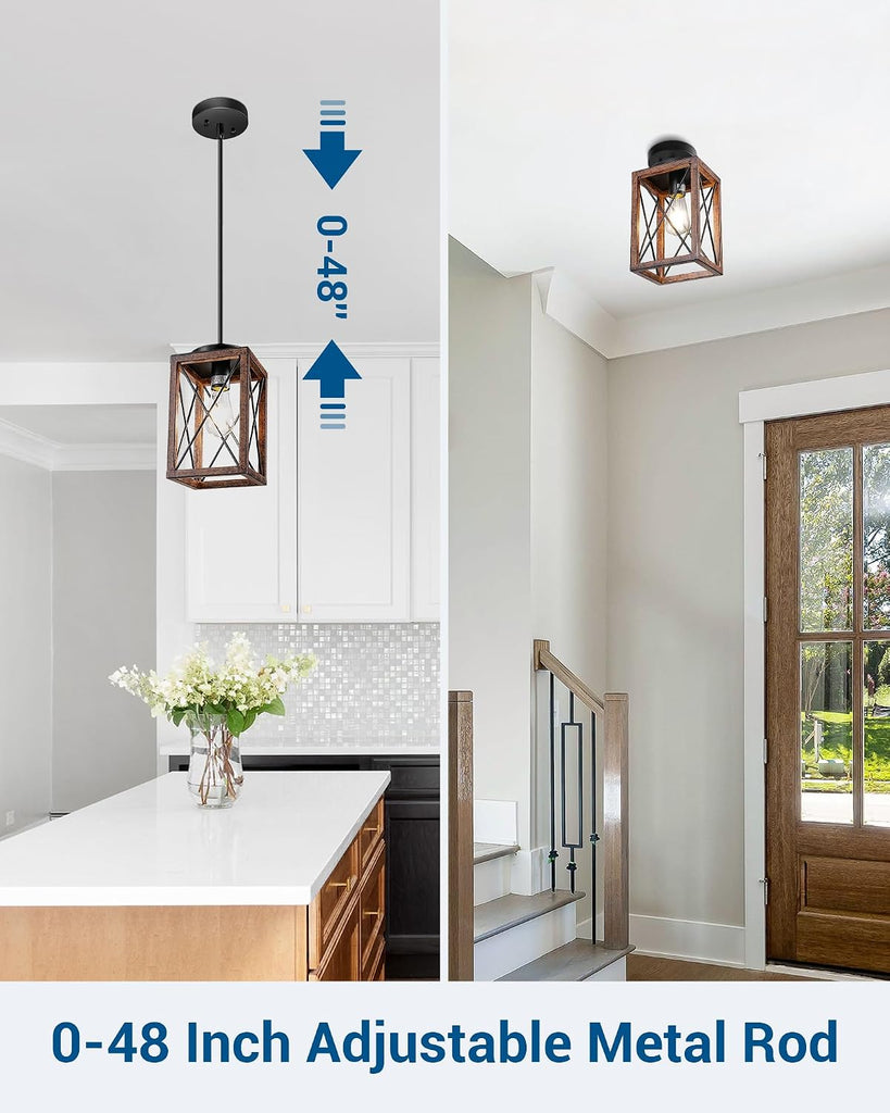 2 Pack Farmhouse Pendant Light, Metal Hanging Light Fixture with Wooden Grain Finish, 48 Inch Adjustable Pipes for