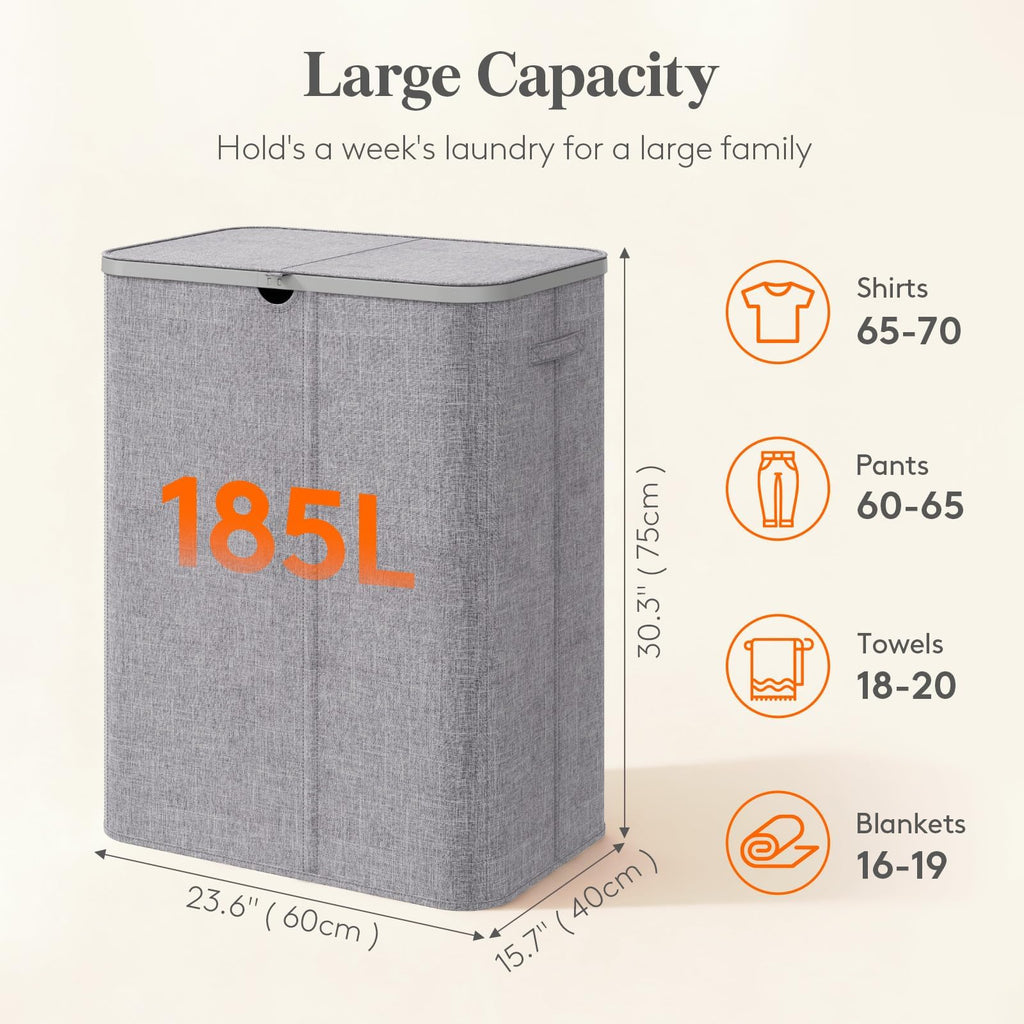 185L 3 Section Laundry Hamper with Lid, Laundry Basket, Light Gray