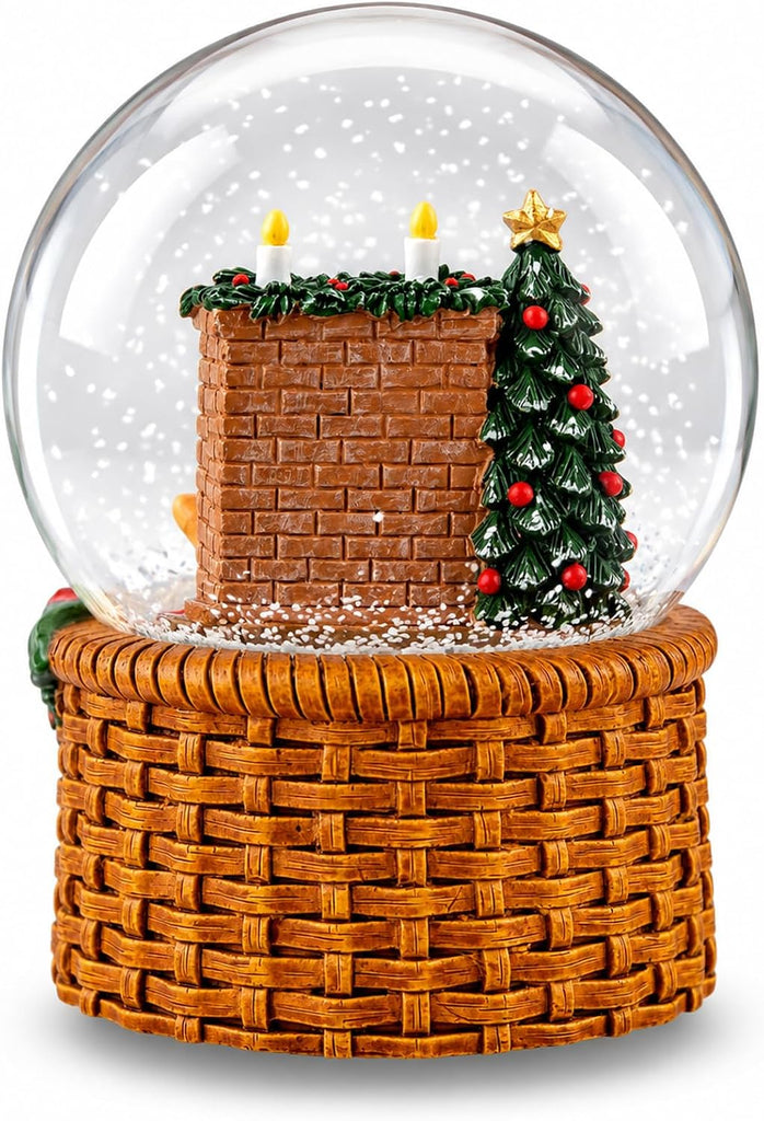 Christmas Cat Snow Globe Music Box with Lighted Fireplace, Silent Night Musical Snow Globe with Hand-Shake Snow