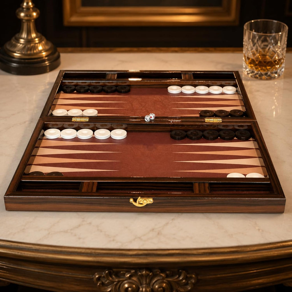 Luxury Turkish Backgammon Set for Adults, XXL 19 Inch Handcrafted Ebony Wood & Vintage PU Leather Backgammon Board