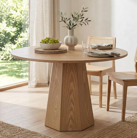 39” Round Solid Wood Dining Table for 4-5 People, Modern Pedestal Kitchen Table with Octagon Base, Circle