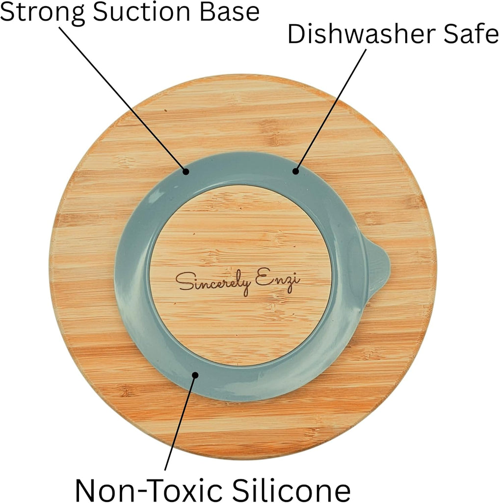 Personalized Bamboo Round Baby Plate | BLW Feeding, Suction Cups (Engraved Name)