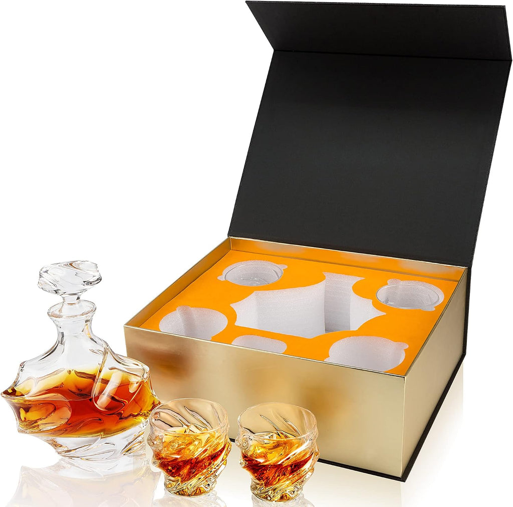 Whiskey Decanter Set - 25 Oz Crystal Liquor Decanter Carafe with 4 Rock Glasses 9 Oz For Bourbon, Scotch, Vodka, Rum - Set of 5