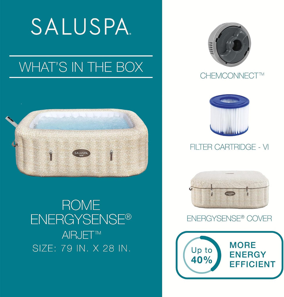 SaluSpa Rome 5 to 7 Person Inflatable Hot Tub, Square Energy-Efficient Portable Outdoor Spa with 180 AirJets, 79" x