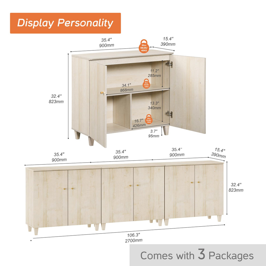 Modern Sideboards Credenza Storage Cabinets, 3 Pieces, Light Oak