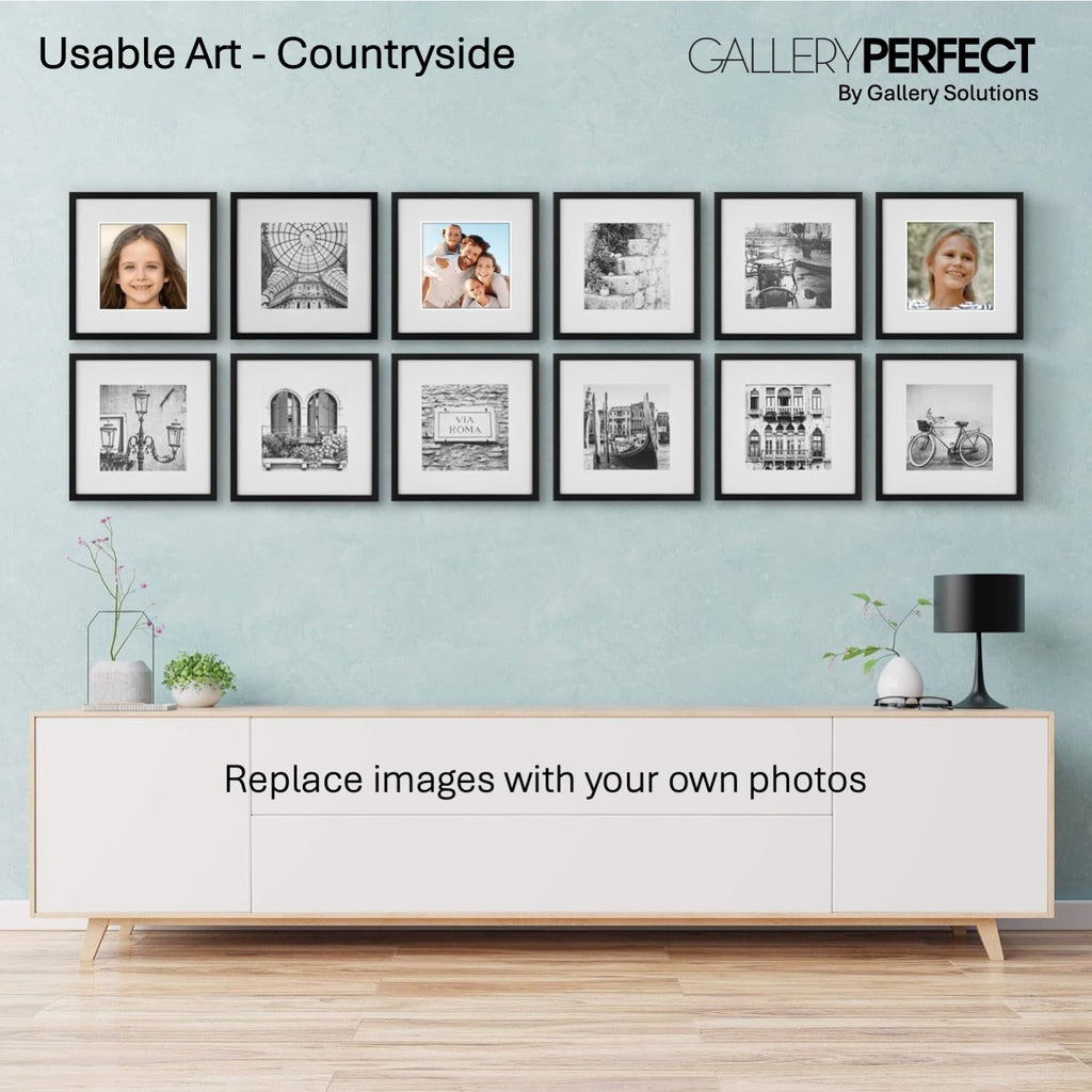 Perfect 12-Piece Black Photo Frame Set with Hanging Template - 12x12 Picture Frame Matted to 8x8 - Gallery Wall Kit