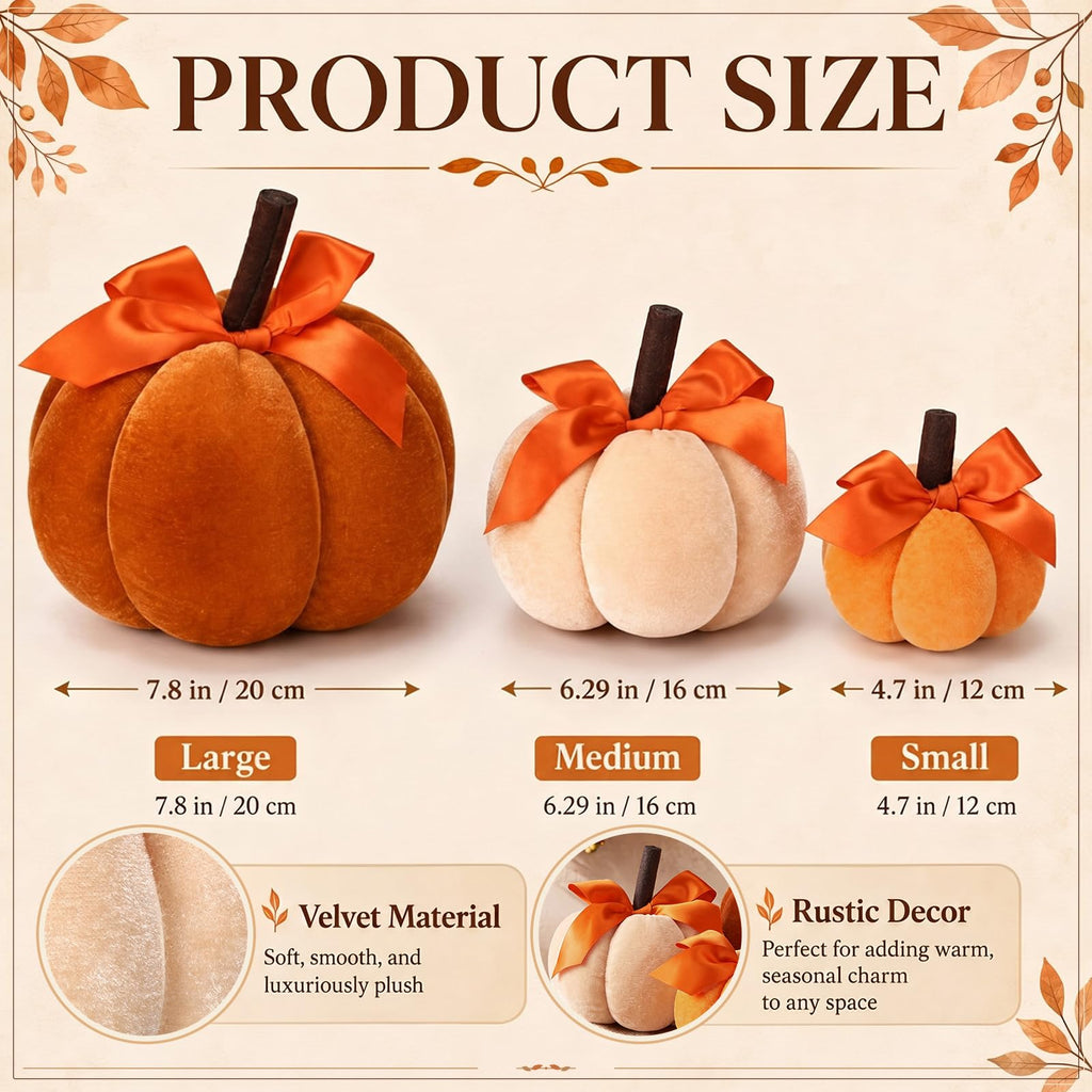 3 Pcs Fall Pumpkins Decor Velvet Farmhouse Pumpkins Decorative