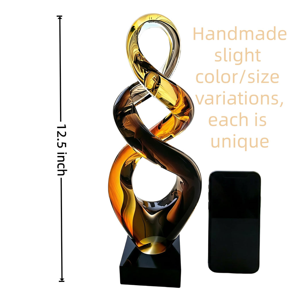 Hand Blown Murano Style Glass Sculpture - Abstract Twist Infinity Modern Home Decor, Amber & Smoky Glass Art - 13