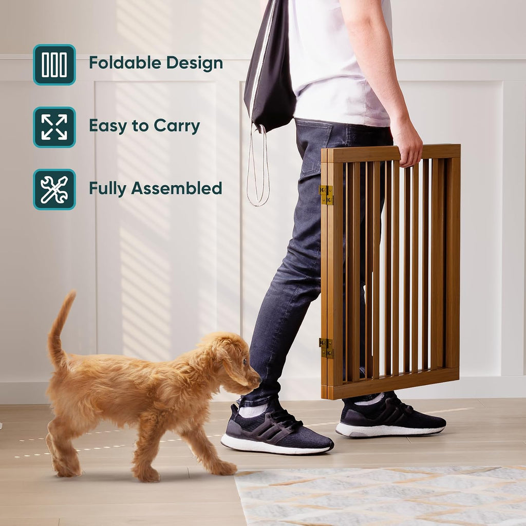 Dog Gate Indoor 2-Panel Freestanding Puppy Gates for The House with 2 Metal Stands 24" H Folding Wood Pet Gate