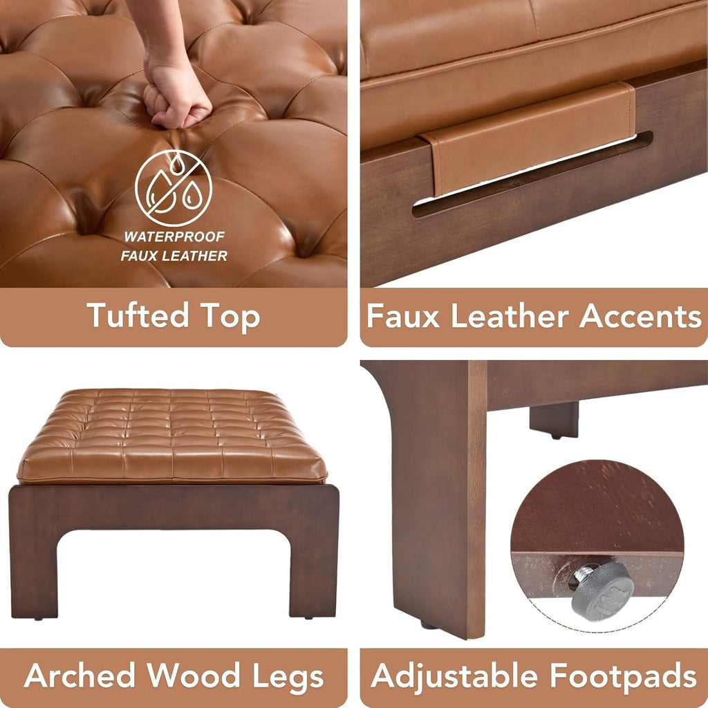 47.75" Large Rectangle Ottoman Coffee Table, Tufted Faux Leather Upholstered Living Room Coffee Table with Solid Wood