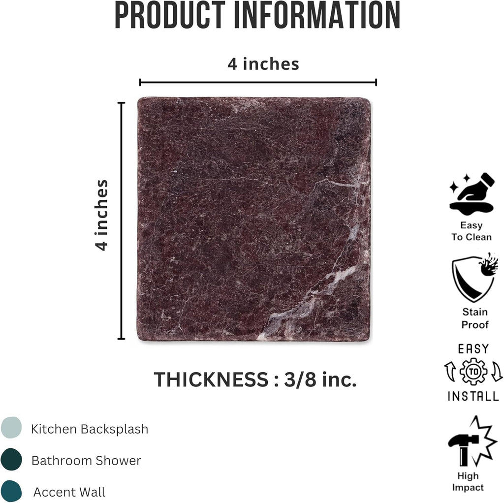 Rosso Rosa Levanto Burgundy Marble 4x4 Inch Antique Tumbled Aged Tile for Fireplace Surround, Wall Floor Bathroom