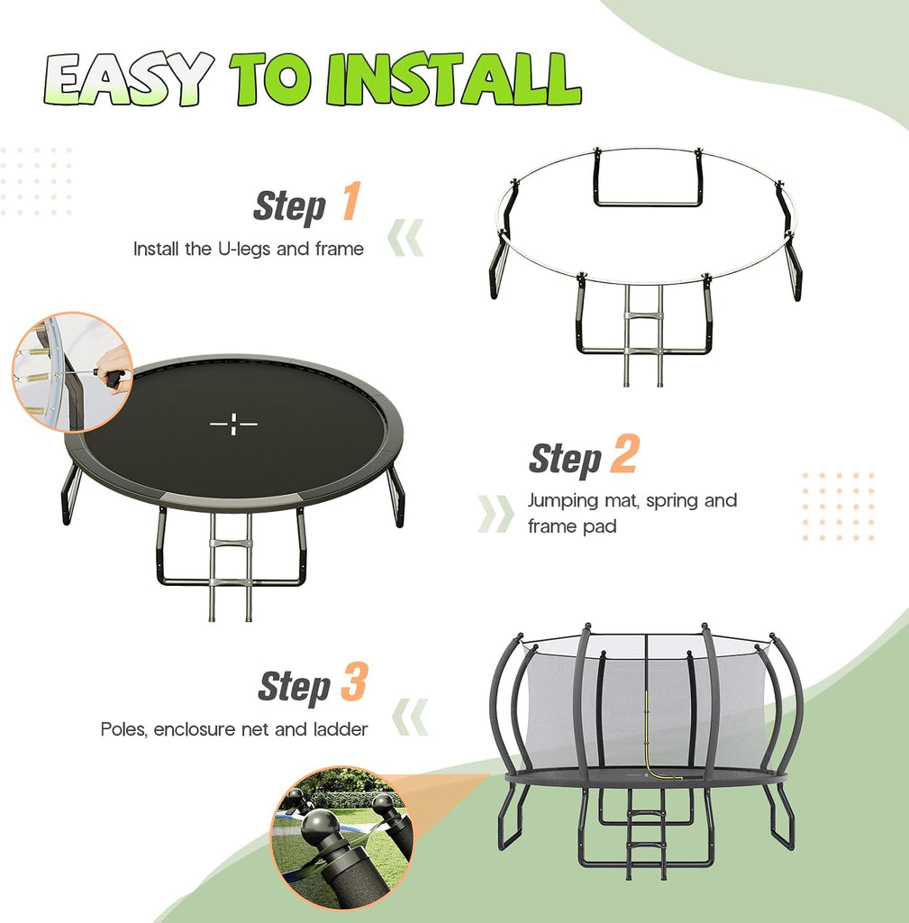 Outdoor Trampoline with Net and Ladder 8FT 10FT 12FT 14FT 16FT | ASTM Approval, Quick Connect Frame, Foam Curved