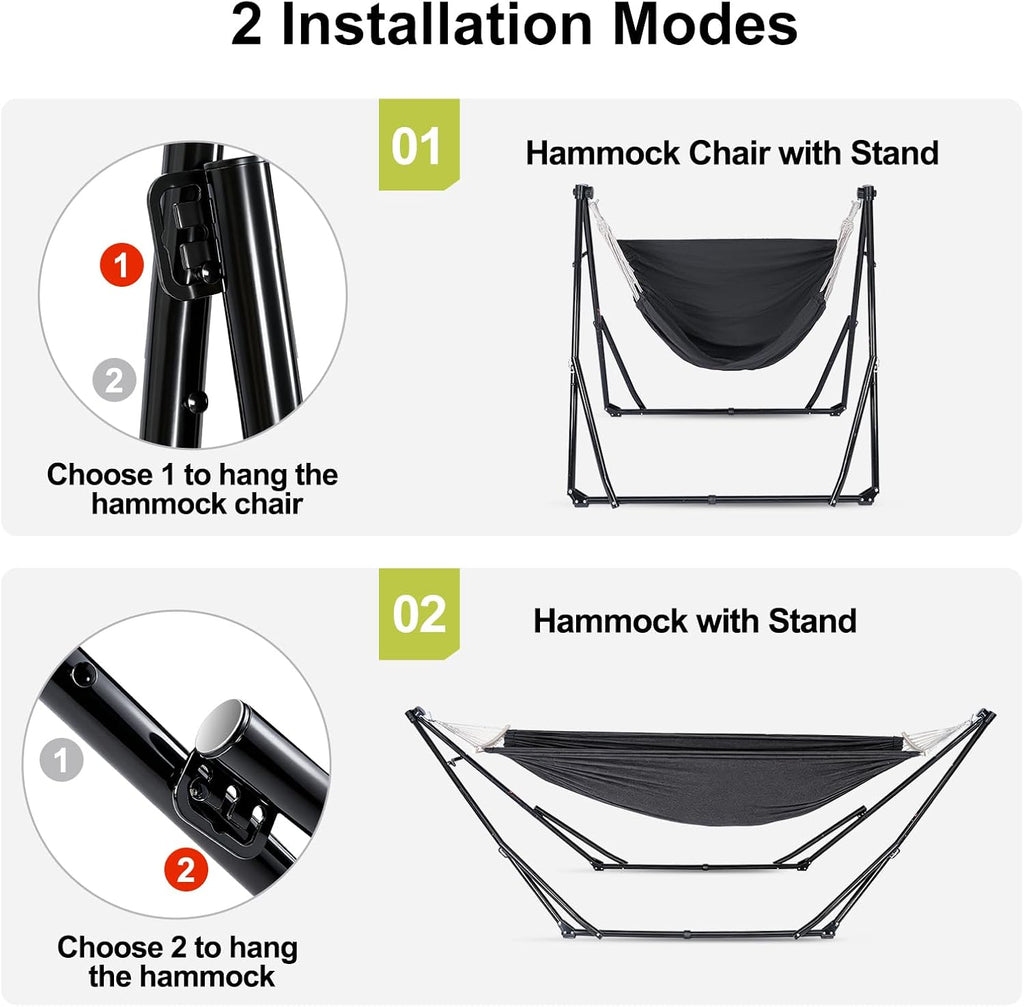 2-in-1 Hammock Chair with Stand, Portable Hammock, Black | Adjustable swing chair for teens with heavy-duty steel