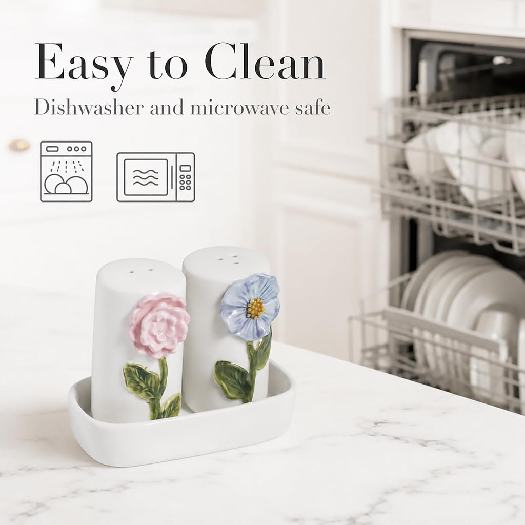 Stoneware Flower Salt And Pepper Shaker Set - Set of 3