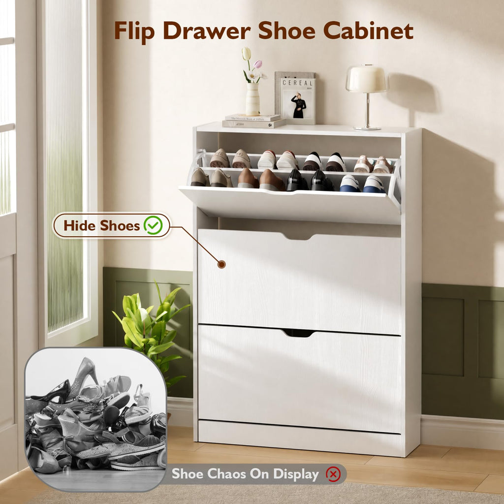 Shoe Storage Cabinet with 3 Flip Drawers Slim, White