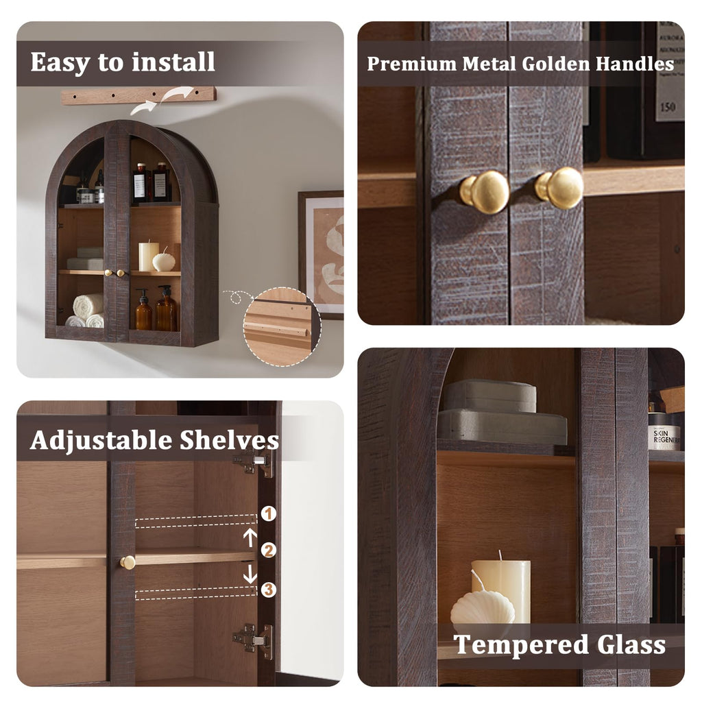 Bathroom Arched Wall Cabinet Medicine Cabinet, 23.5×31.4 Inch Bathroom Cabinet Wall Mount with Glass Doors &