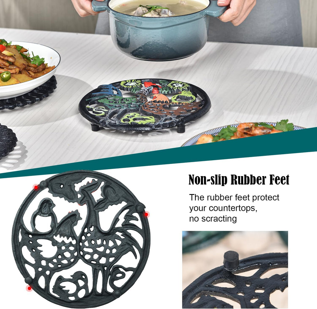 Cast Iron Trivet for Wood Stove - Dia-8.1 Inch Rustproof Round Stands for Hot Pots/Dishes/Pans - Decorative Metal