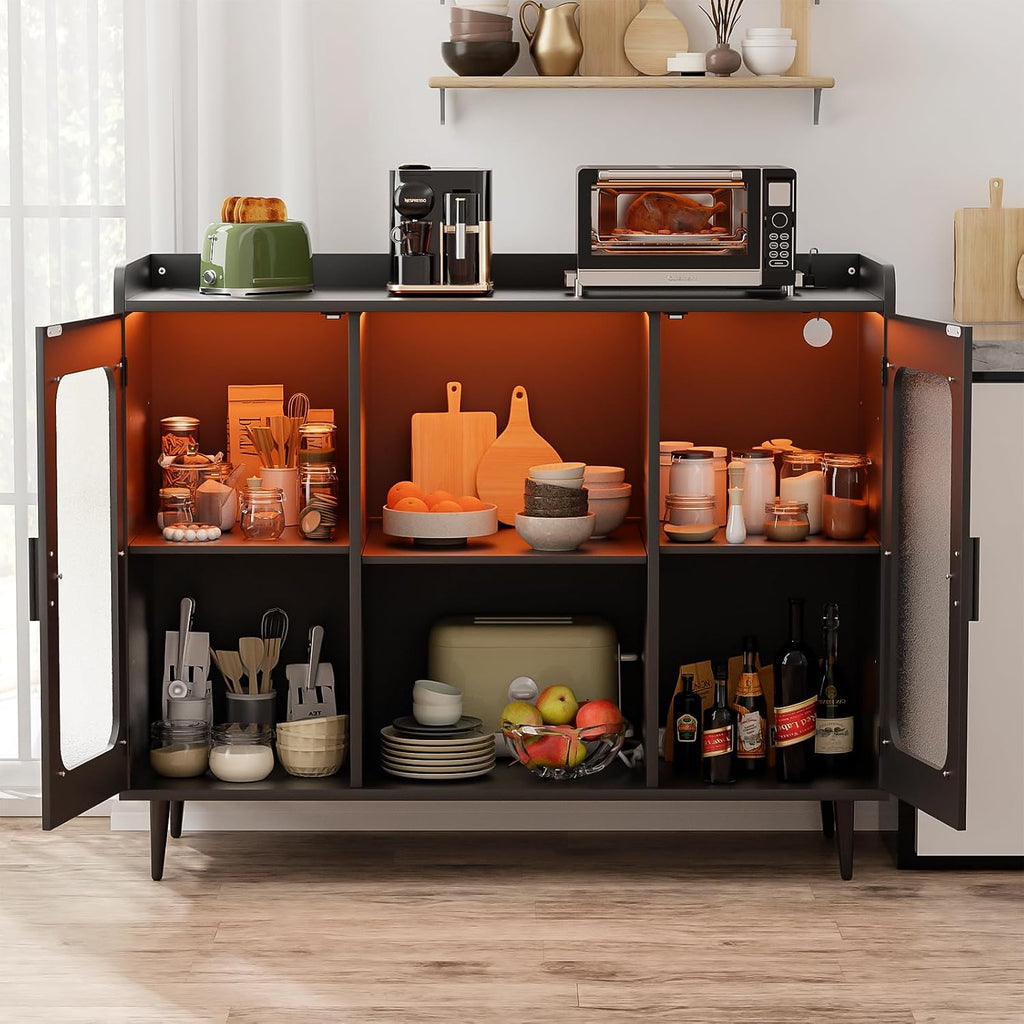 Coffee Bar Cabinet with Power Outlets and LED Light, Black | Liquor Cabinet with Wine Rack & Glass Holder, Bar Cart