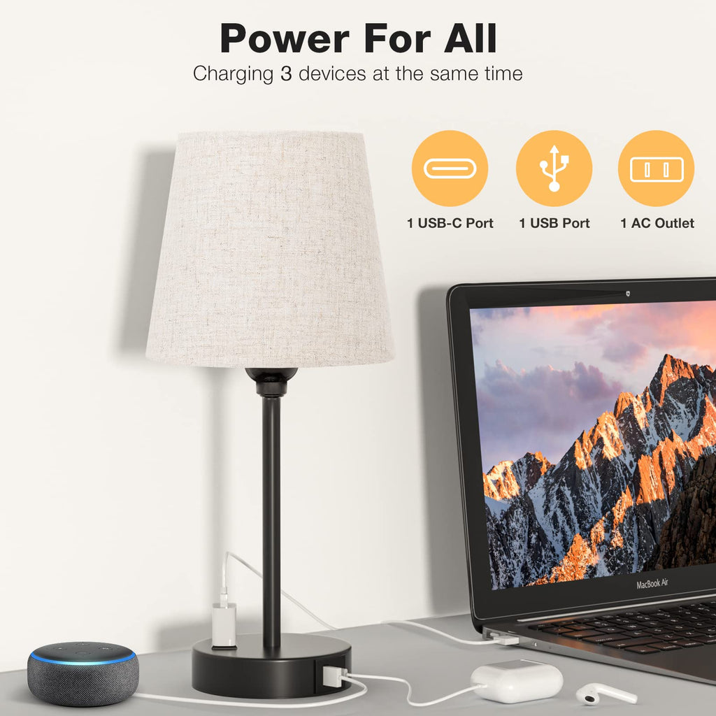 Bedside Table Lamps Set 2 - Dimmable Touch, USB C+A, AC Outlet