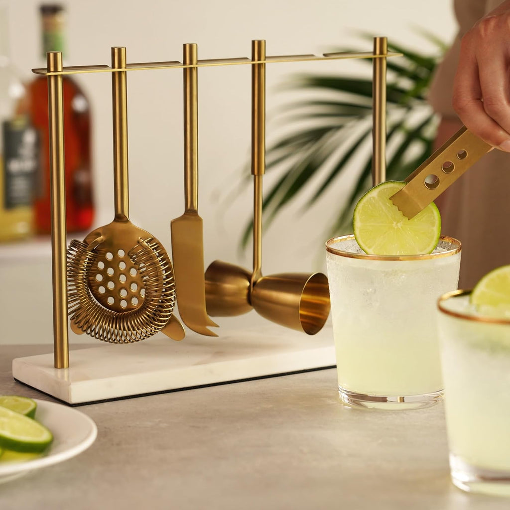 Bar Tool Set Includes Hawthorne Strainer, Citrus Knife, Ice Tongs, Double Jigger with Marble Display Stand - Set of 4