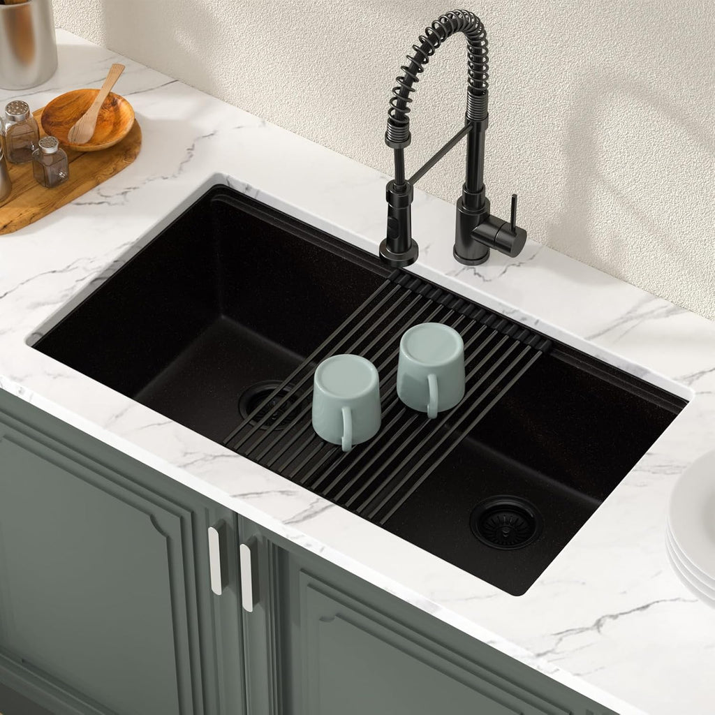 32 Inch Undermount Black Granite Double Bowl Sink Workstation 50/50 | Composite Granite Quartz Kitchen Sinks