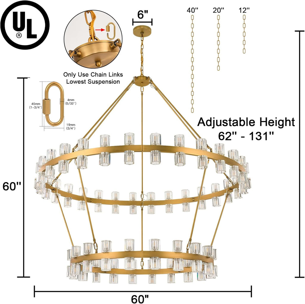 60 Inch Gold Wagon Wheel Chandelier with Crystal Shade, 2 Tier 100 Lights, Modern Farmhouse Style, Ideal for Dining Room, Kitchen, Entryways A117-B0DPJ7SH1Z