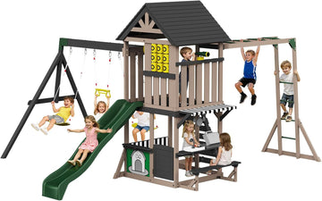 Wooden Swing Set for Kids, Outdoor Playset with Playhouse | 11-in-1 Backyard Playground, Wave Slide, 2 Swings