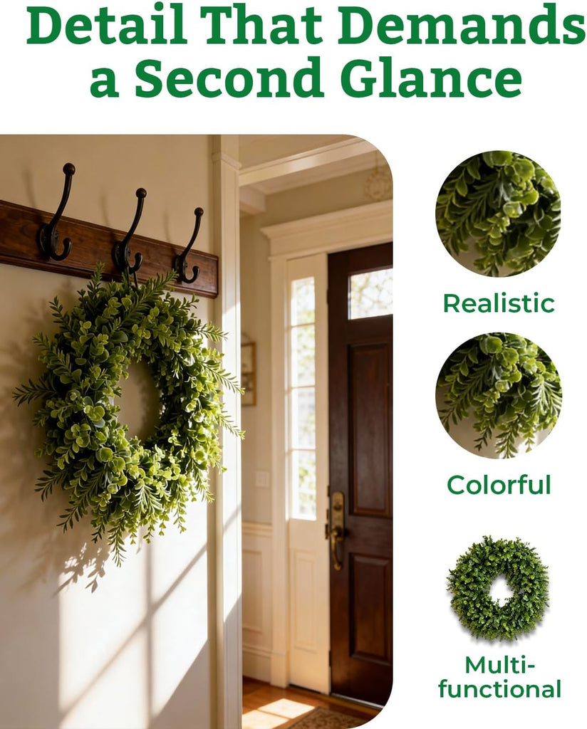 24" Artificial Boxwood Wreaths for Front Door, Aux Round Boxwood Wreath, All Season Indoor Outdoor Decoration - Set of 2