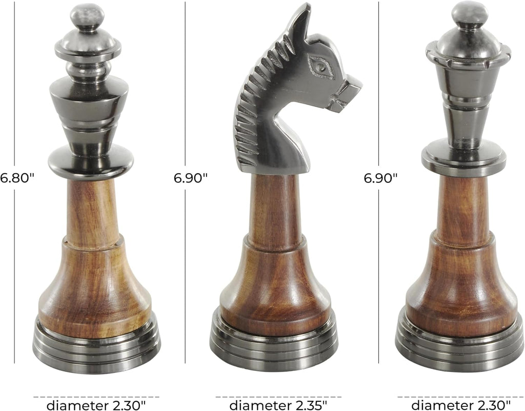 Aluminum Metal Chess Decorative Sculpture King, Queen, and Knight Home Decor Statues with Mango Wood Center - Set of 3