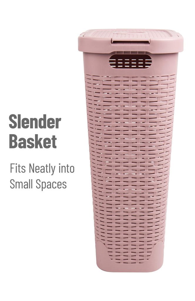 Slim Laundry Hamper with Lid, 40L Clothes Basket, Narrow Tapered Design with Ventilated Cutout Pattern, Plastic, Pink