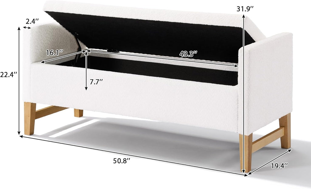 Boucle Upholstered Storage Bench 50.8" End of Bed Bench with 2 Round Pillows & Solid Wood Legs, Ample Hidden Storage