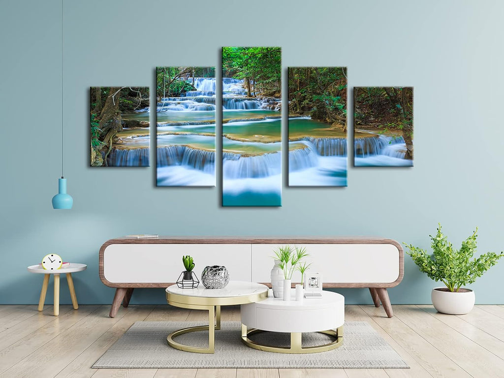 Peaceful Waterfall 5 Panels Large Canvas Paintings Wall Art Modern Gallery Wrapped Landscape Forest Giclee Canvas