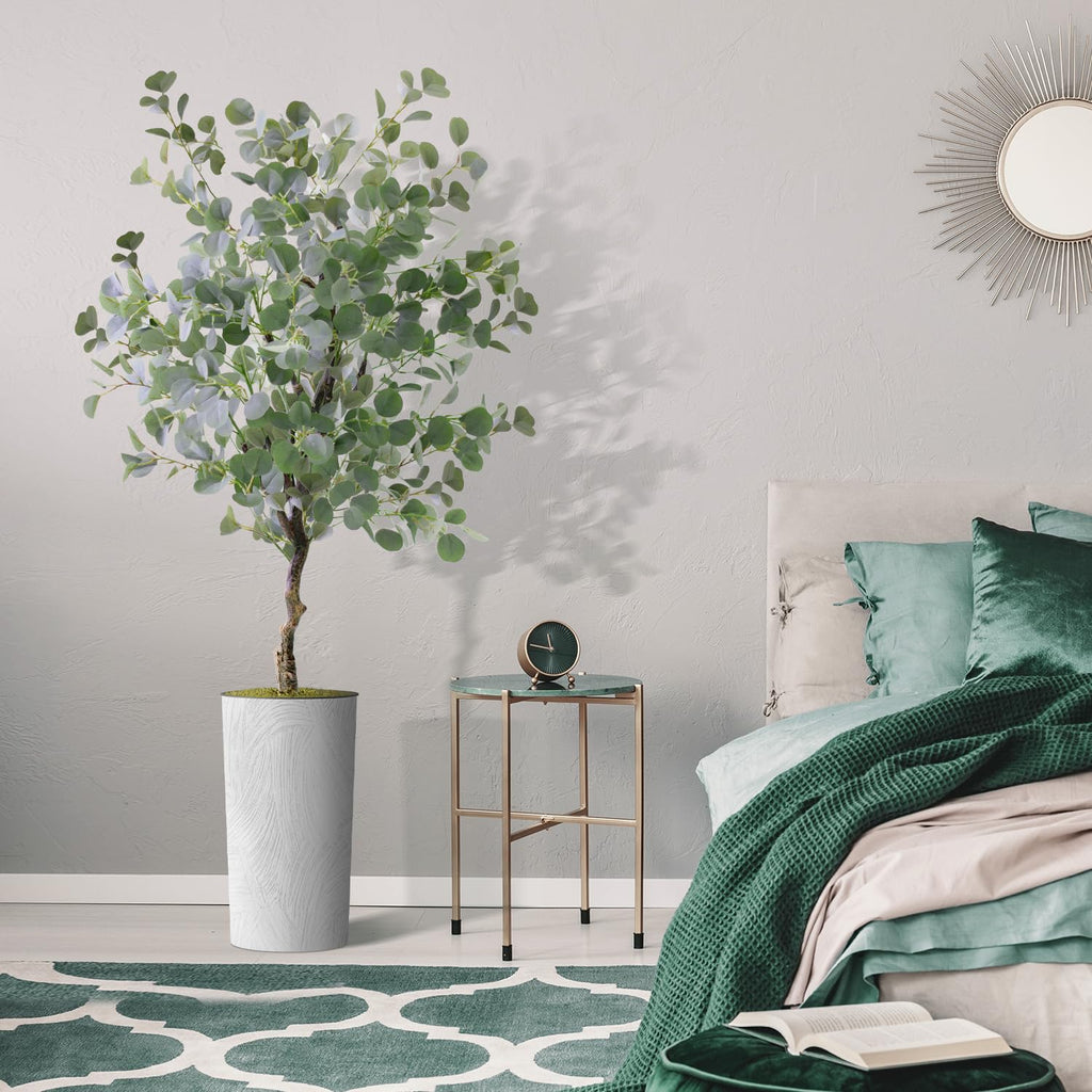 Artificial Tree in White Marble Effect Planter, Fake Eucalyptus Silk Tree for Indoor and Outdoor Home Decoration