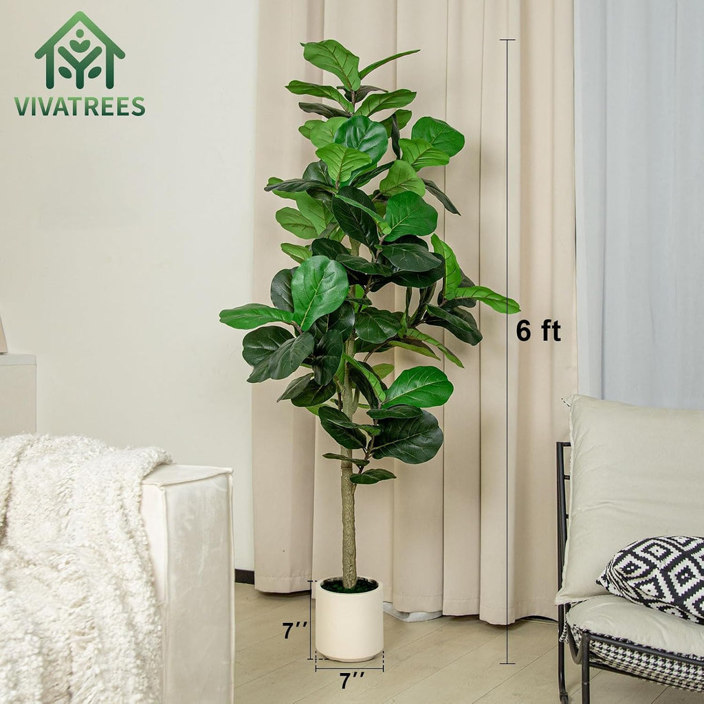 6FT Fiddle Leaf Fig Artificial Tree with White Planter Pot,Faux Floor Plant, Indoor and Outdoor Fake Plants Decor