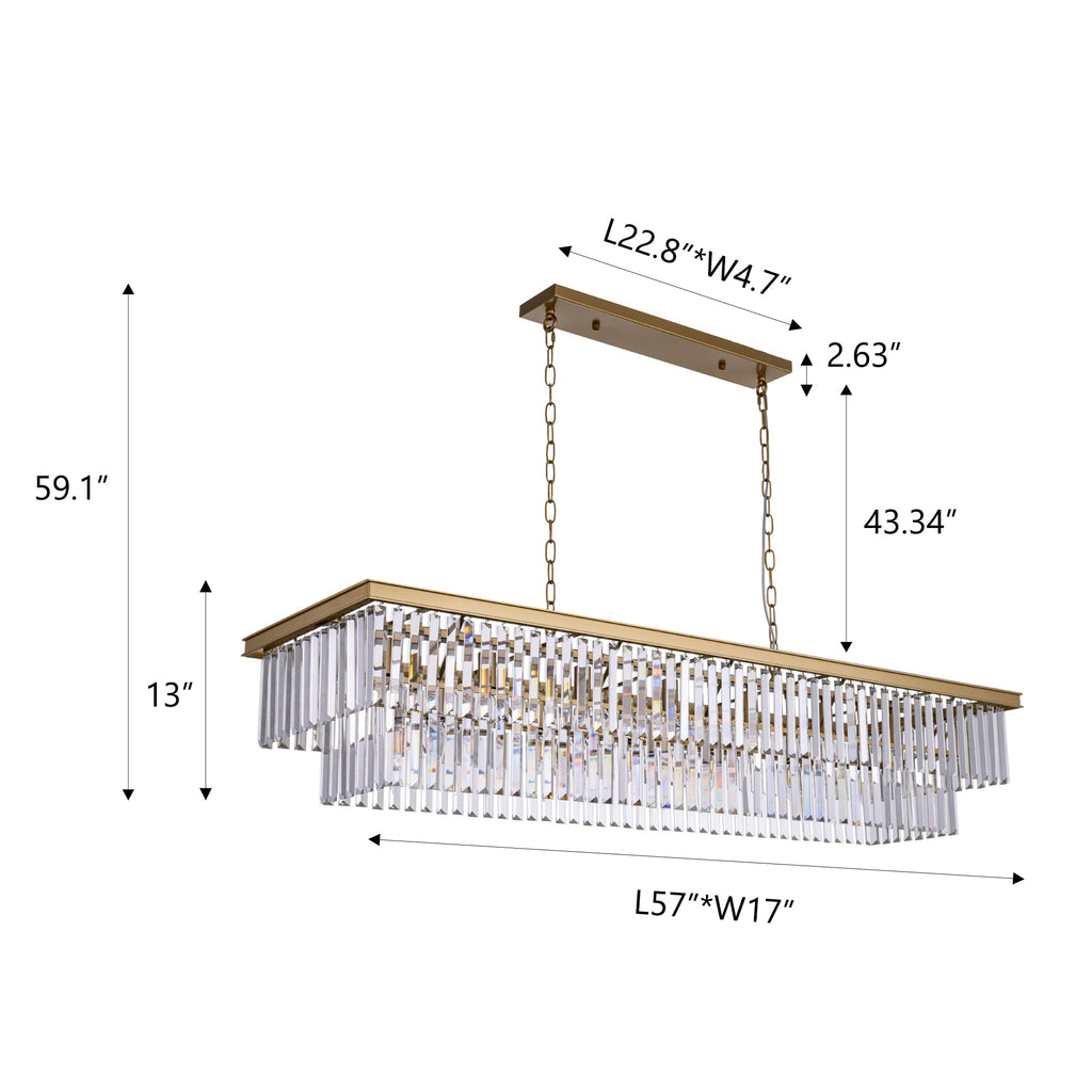 Gold Chandelier 57 inch, 13-Light Modern Rectangular Crystal Chandelier Ceiling Hanging, Linear Chandeliers Light