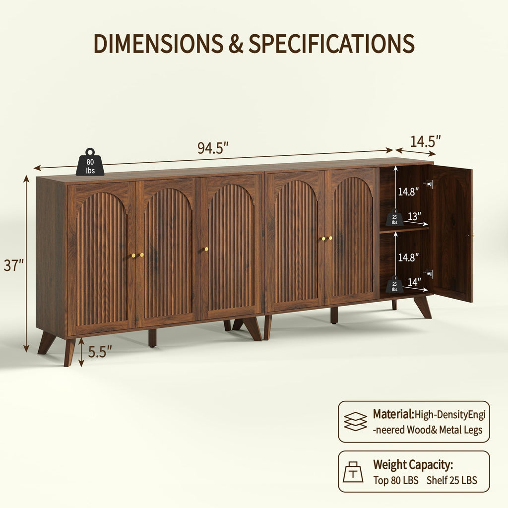 Modern Arched Storage Cabinet 95"W Wood Sideboard Buffet Cabinet Walnut