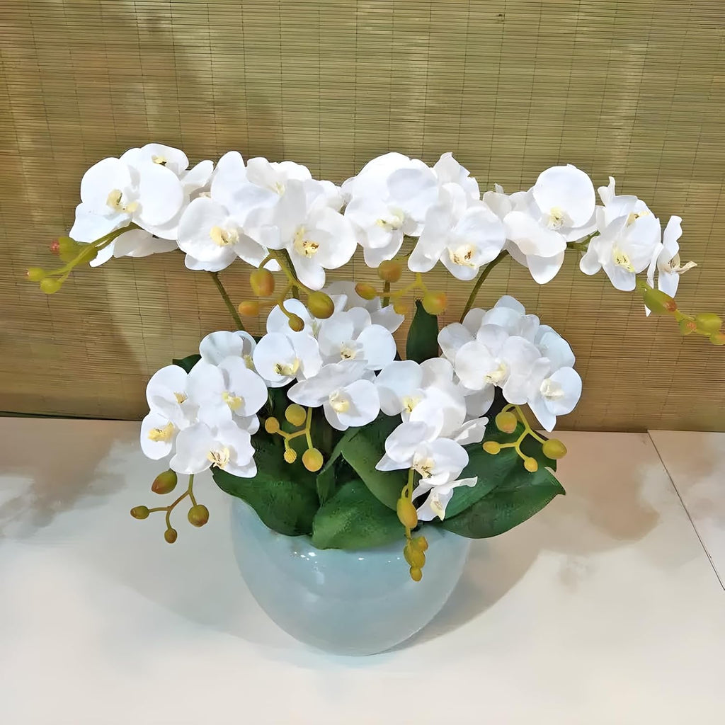 2 Branches Artificial White Phaleanopsis Flowers Faux Orchids Stems Leaves Plants Bonsai Garden Decoration (White)