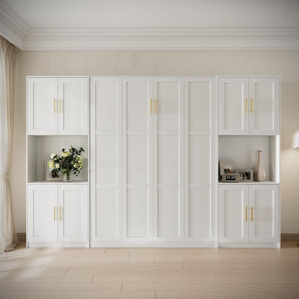 Farmhouse Murphy Bed Queen, 85" Wall Bed Folds to Save Space, Concealed Bed Frame with 2 Storage Cabinets and Wall