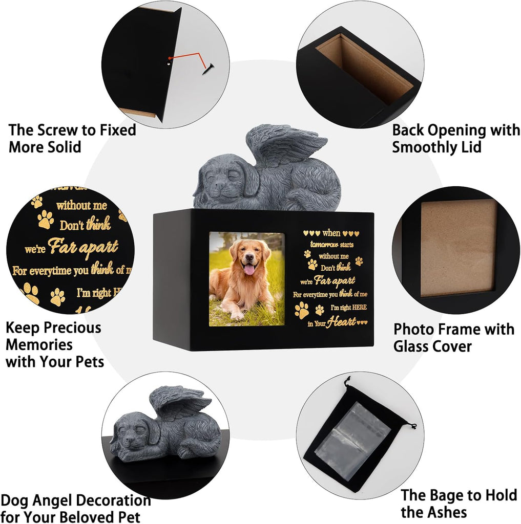 Pet Urns for Ashes, Large Wooden Pet Urns for Dog or Cat Ashes with Dog Angel, Memorial Keepsake Memory Box