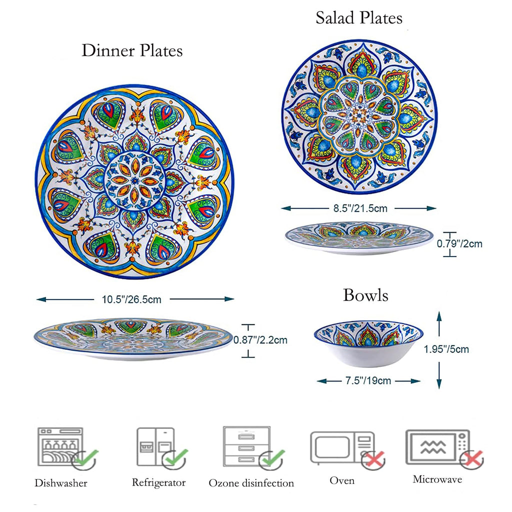 Melamine Dinnerware Set, 12 Pcs Dinner Plates Bowls Sets for Indoor and Outdoor Use, Durable Unbreakable Dishes Sets