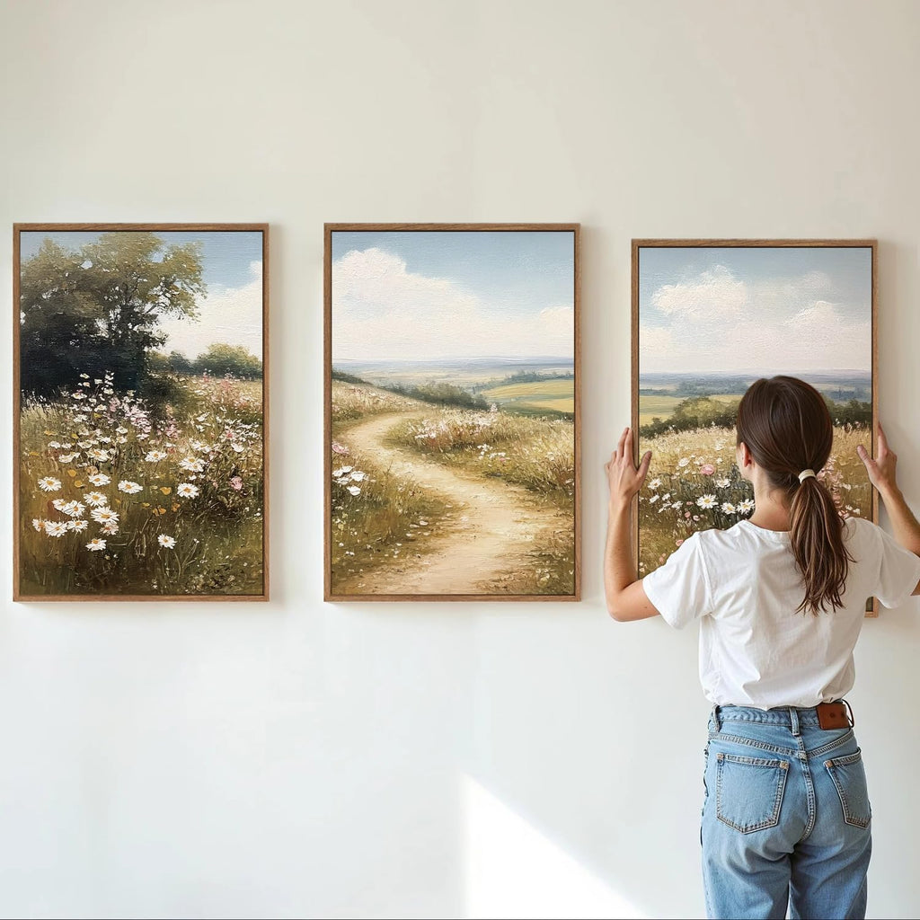 Rustic French Country Framed Canvas Wall Art, Vintage Flower Field Wall Decor, Calming Nature Landscape Art