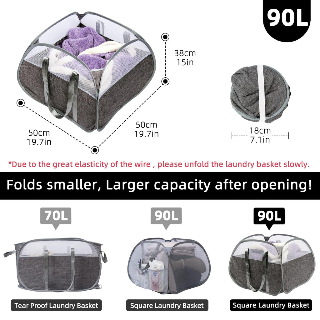 Collapsible Laundry Basket, 90L Tear Proof Mesh Pop-up Hamper 2PCS