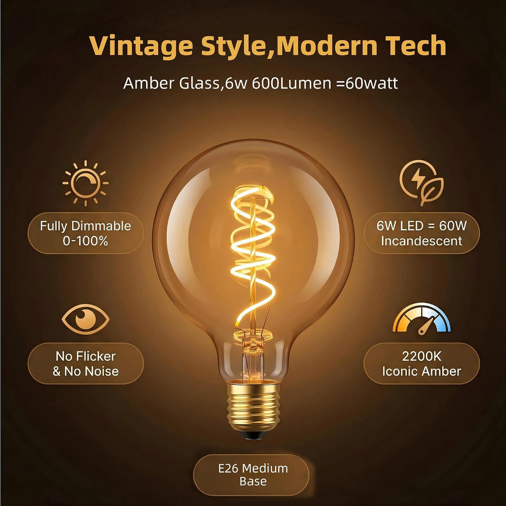 Large Vintage LED Edison Bulb,6W 2200K Amber Dimmable,E26 1PK
