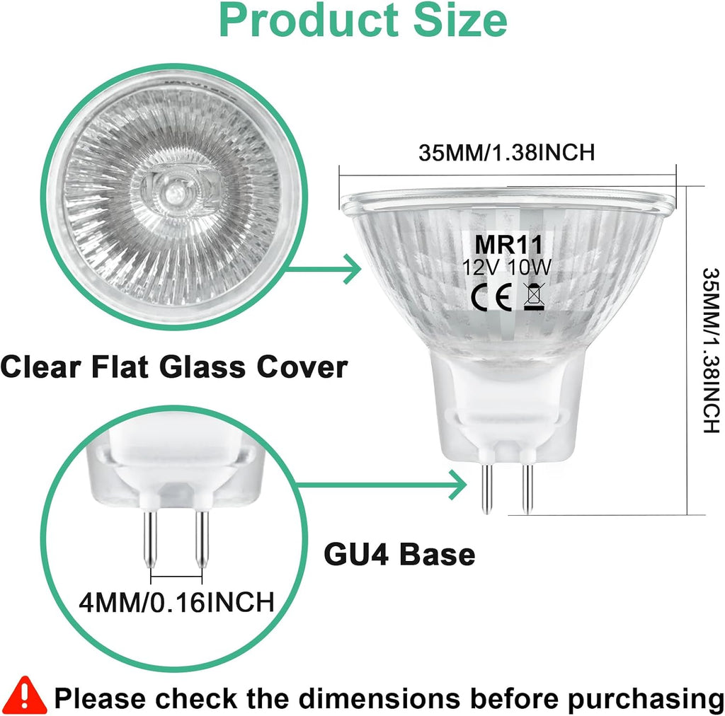 MR11 Light Bulbs, 12V 10W Halogen Light Bulbs 2 Pin, FTD Spotlight Bulb, GU4 Bi-Pin Base, Dimmable, 2700K Warm White