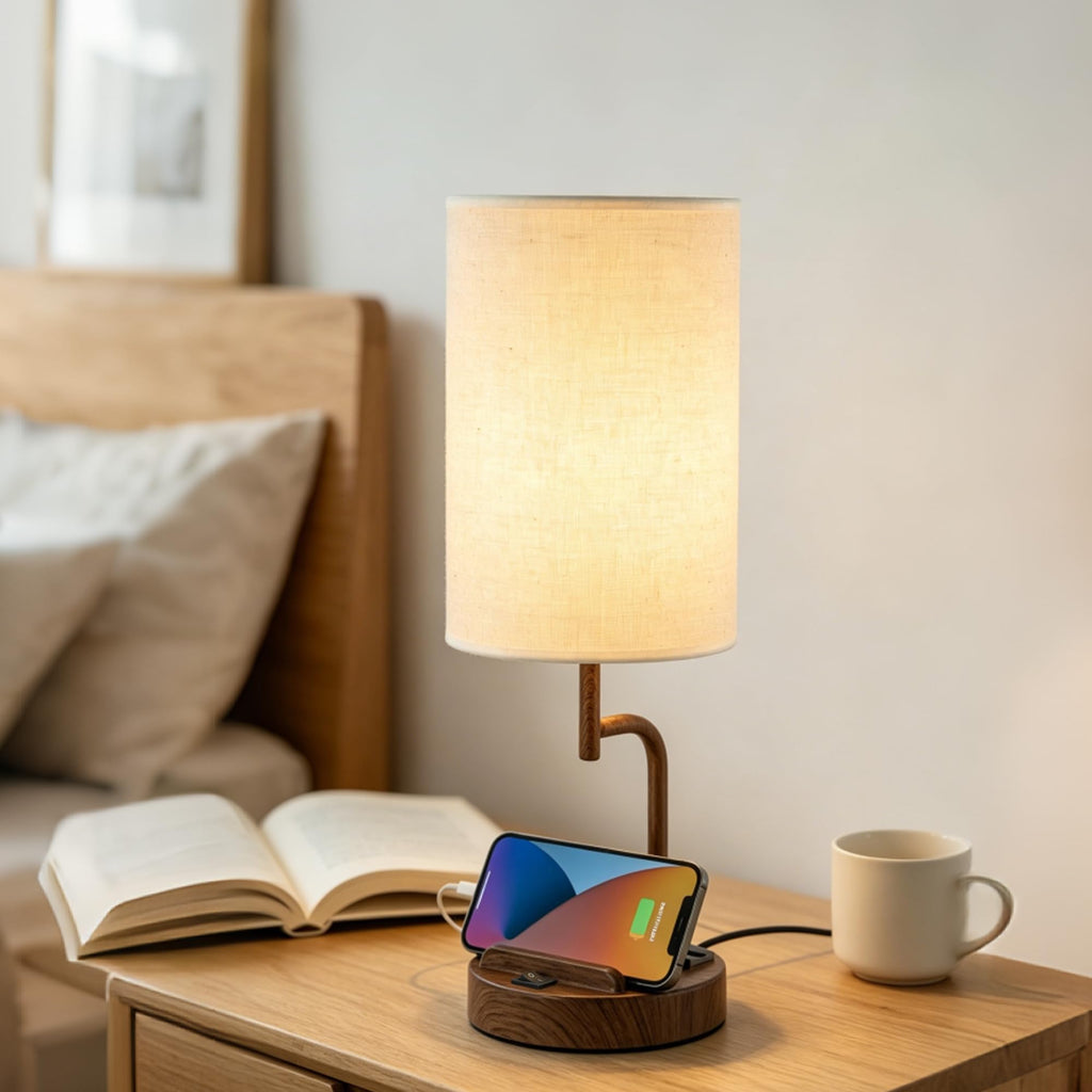 2 Pack Table Lamp, Bedside Lamp with 3 USB Charging Ports & AC Outlet, USB Desk Lamp with 2 Phone Holders, Linen