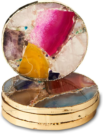 Rainbow Agate Coasters, Natural Crystal Coaster for Drinks, Geode Gemstone with Gold Edge, Agate Slice Stone - Set of 4