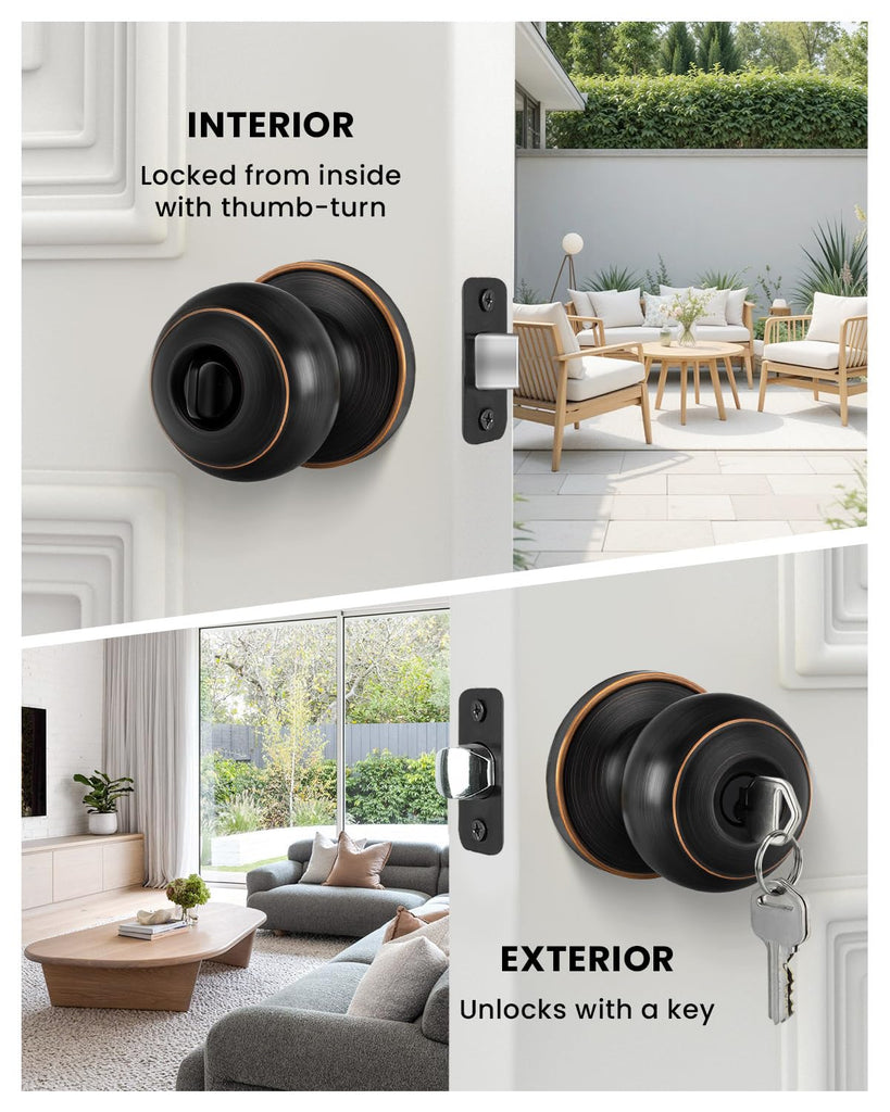 3 Pack Oil Rubbed Bronze Door Knobs with Lock and Key, Keyed Alike Keyed Entry Door Knobs Exterior, Black Doorknobs